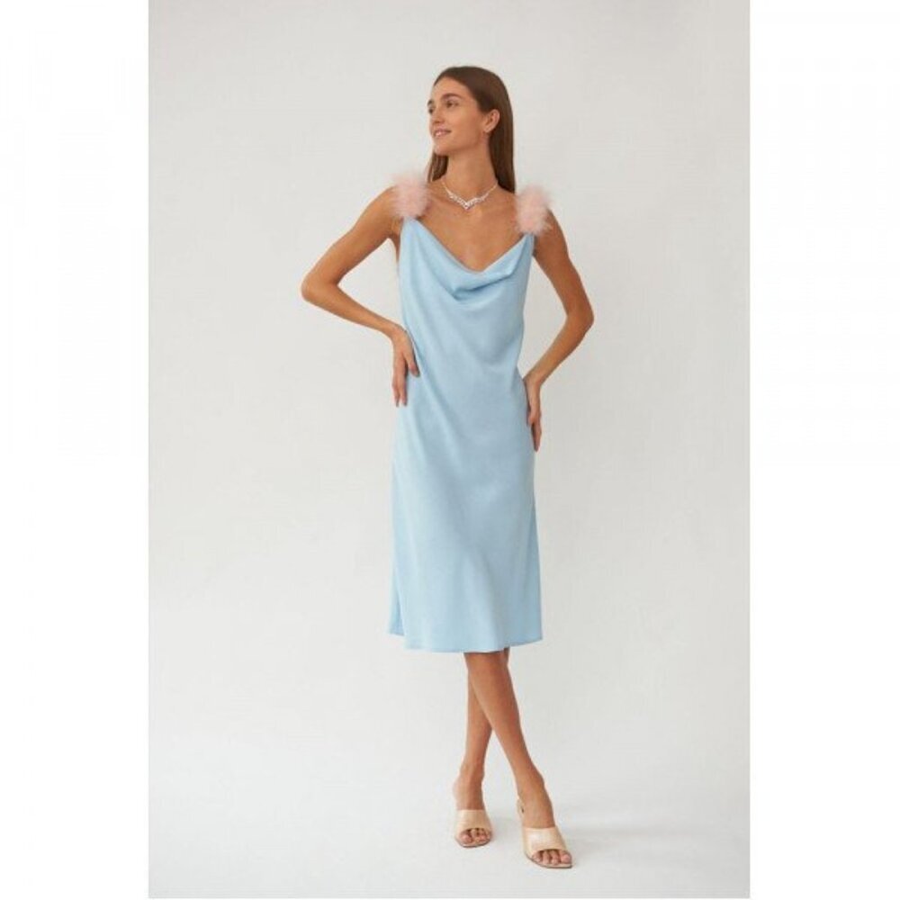 Sleeper Blue Voulez Vous Dancer Cowl Neck Midi Slip Dress Feather Straps sz XS